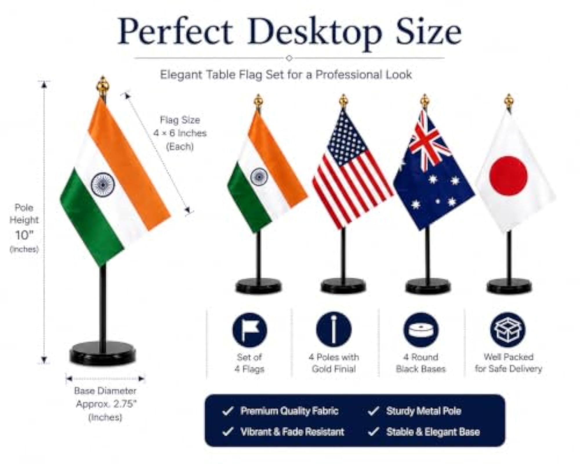 Quad-Nation Table Set with Flags of India, Australia, Japan